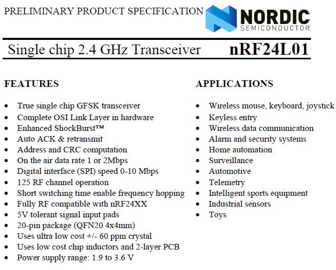 nRF24L01 NORDIC单片无线收发器芯片